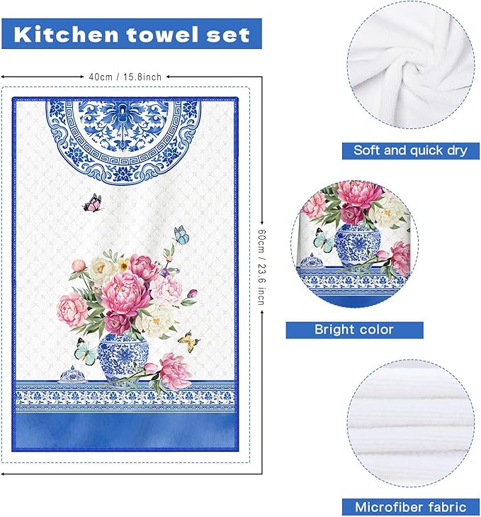Floral Microfiber Kitchen Towels, Soft Absorbent Hand Towel 15.7 × 23.6 inch, Thick Dish Cloth for Party Anniversary Holiday Decoration, Housewarming Gifts for Mom