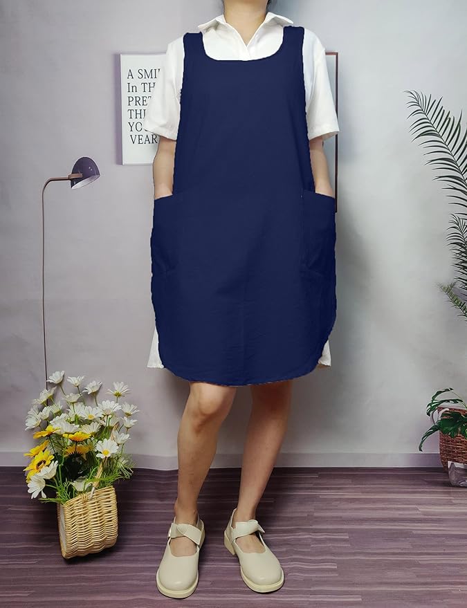 Cotton Cross Back Aprons Solid Color Cooking Kitchen Garden Smock for Women Girls with Pockets