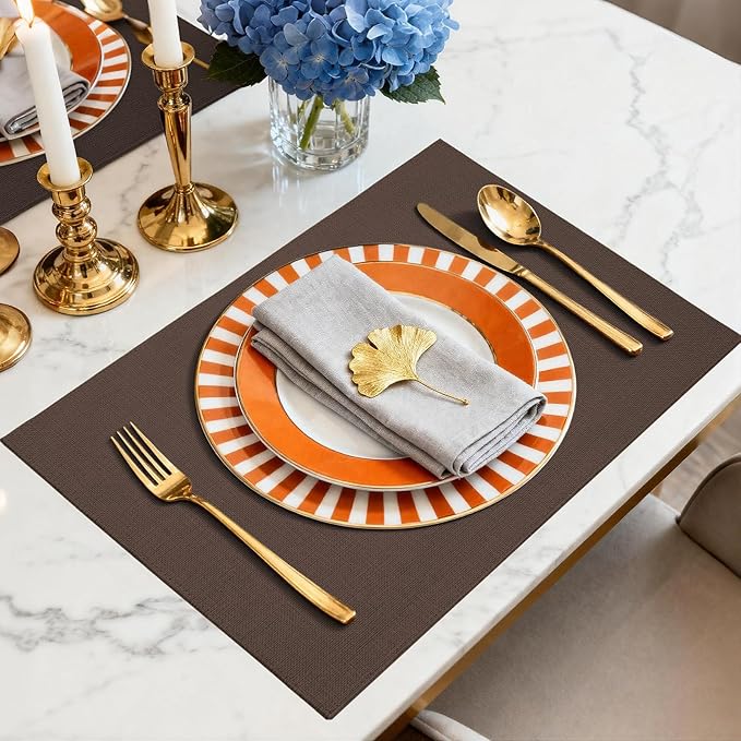 Placemats Set of 6 Linen Type Fabric Cloth Placemats, 18x12 Inch Double Layered Thick Wrinkle Free Heat Resistant Table Place, for Dining, Kitchen, Party (45 * 30cm, Dark Brown)