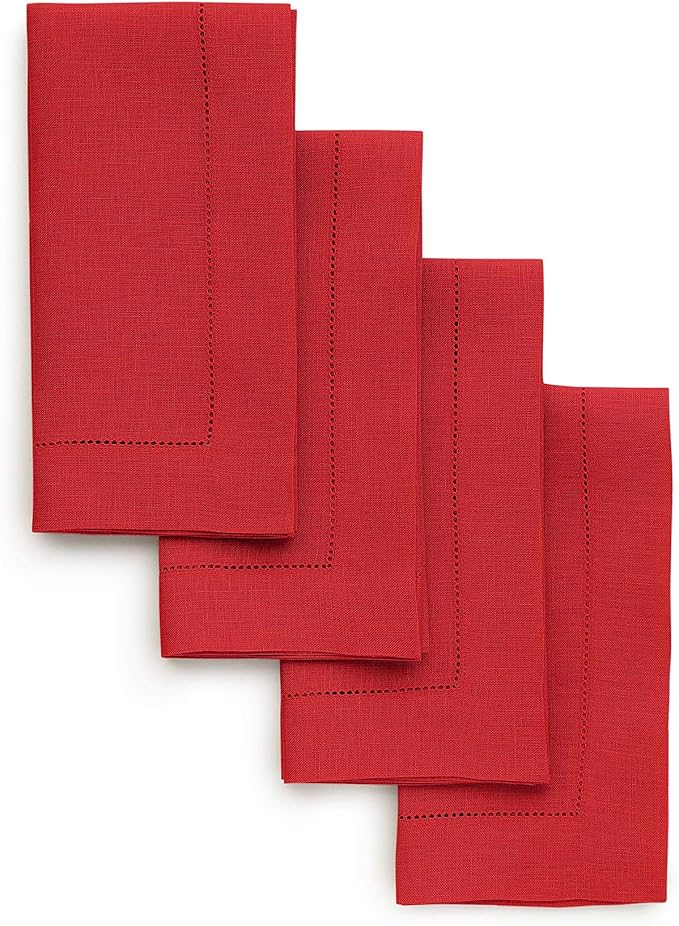 Solino Home Red Linen Napkins Set of 4-100% Pure Linen Hemstitch Dinner Napkins 20 x 20 Inch for Mothers Day, Memorial Day - Classic Hemstitch