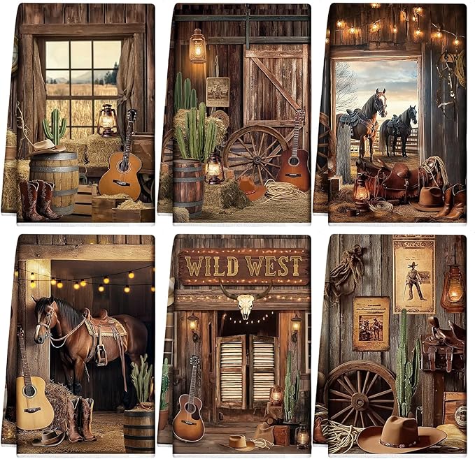 Breling 6 Pcs Western Cowboy Scene Kitchen Towel Wooden House Barn Vintage Themed Dish Towel Bathroom Decorative Rustic Cloths for Kitchen Bathroom Home Housewarming Gift 14 x 21 Inch