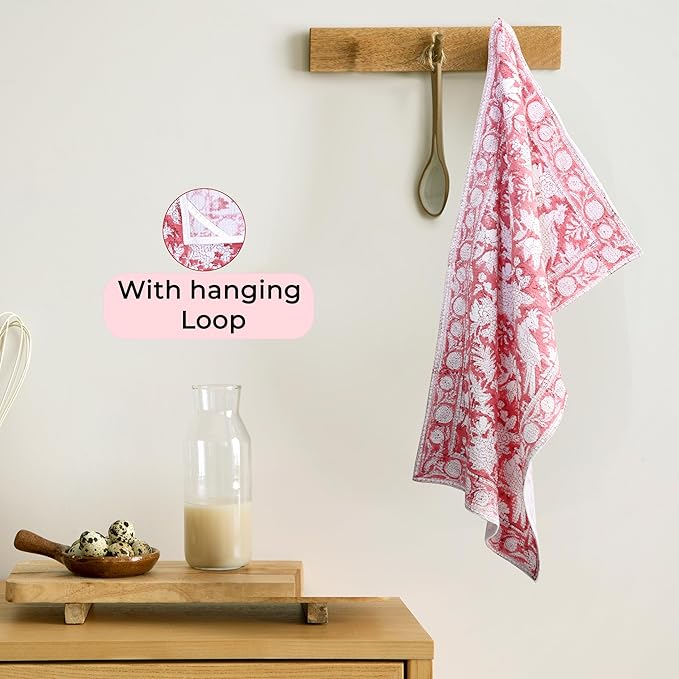 CPC Coral Pink Hand Block Print Waffle Kitchen Towel Set of 3-16 x 28 Inch Ultra Absorbent Quick Dry Cotton Dish Towels Lightweight Reusable Sustainable Tea Towels for Cleaning and Drying
