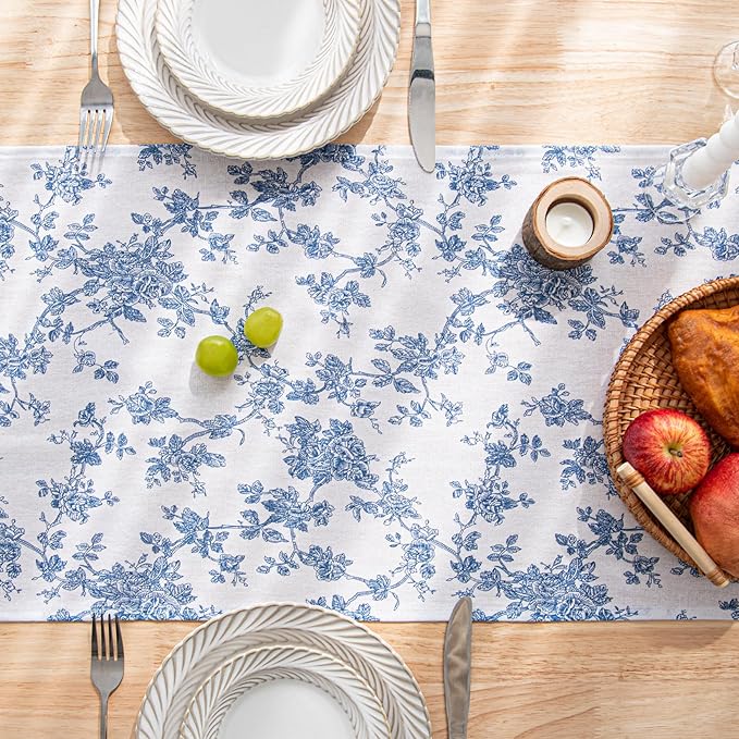 Linen Floral Runner for Table - 14 x 60 Inch - French Country Vintage Blue Table Runners 60 Inches Long for Holiday Kitchen Dining Wedding Home Party Decore,Vintage Floral