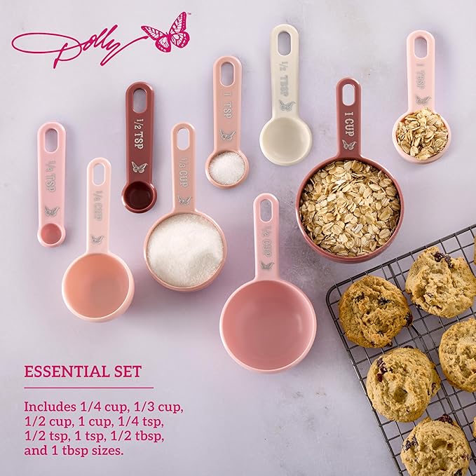 Dolly Parton Measuring Cups and Spoons Set, Pink with Butterfly Accents, Easy-Read Markings, Nesting Design with Ring, 1/4 tsp to 1 Cup, Baking and Cooking Essential, 9 Piece