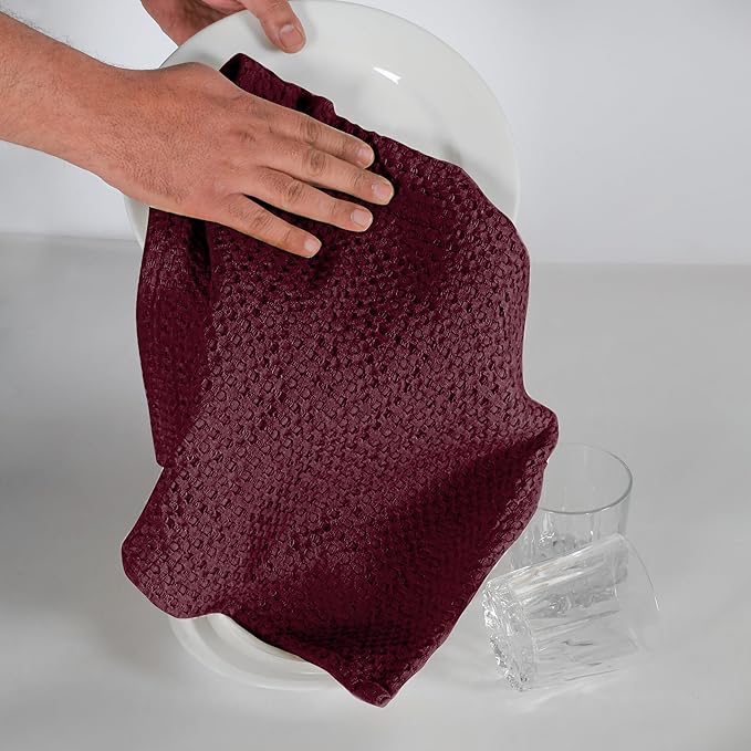 Native Fab 100% Cotton Premium Waffle Kitchen Towels, 4 Pack, 16" x 26", Super Absorbent Reusable Cleaning Cloths, Tea Towels, Machine Washable Hand Towels, Burgundy Wine