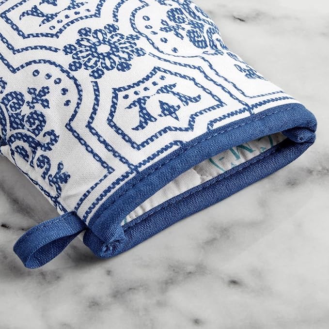 Martha Stewart Strie Medallion Mini Oven Mitt 2-Pack Set, Navy Blue, 5.5"X8"