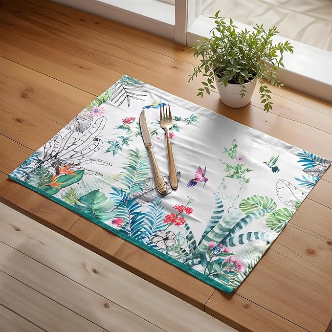 Maison d' Hermine Placemats Set of 4 100% Cotton Washable Cloth Place Mats Reusable Table Mats for Kitchen Dining Party Wedding Gifts for Mothers Day Spring/Summer (Tropiques, 13" x 19")