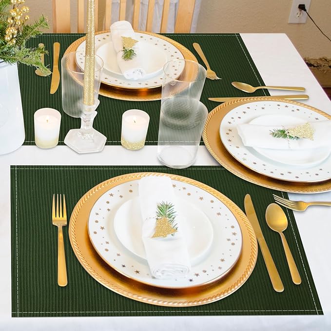 Niviy Dark Green Placemats Set of 4, 12x18 Inch Washable Easy to Clean Heat-Resistant Anti-Skid Grey Placemats for Holiday Party Kitchen Dining Room Decoration