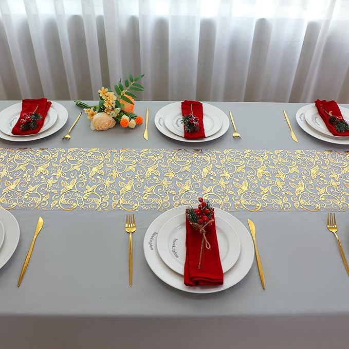 Snowkingdom 2 PCS Gold Spring Easter Table Runner 108 Inches Long, Gold Pinecone Flower Floral Table Decor for Winter Holiday Dining Kitchen Party New Year Home Decorations