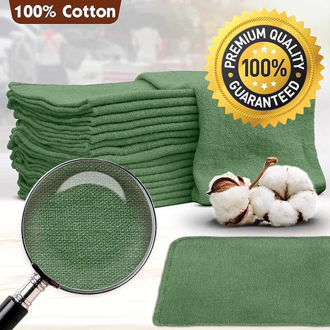 Nabob Wipers Auto Mechanic Shop Towels 100 Pack Bulk Rags 100% Cotton Commercial Grade Shop Rags Size 14"x14" (100 Pack, Green)