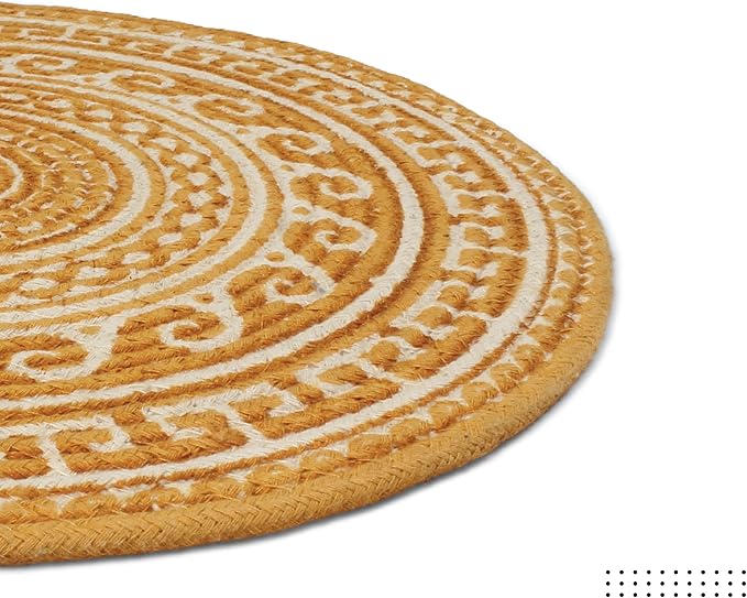 Encasa XO Dining Placemats Set of 4 | Cotton Round Table Mat - 13 in Diameter | Mustard Mandala Print | Handmade Rib Style Chargers for Dinner Plates