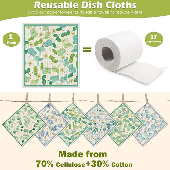 6 Packs Swedish Paper Cloths for Kitchen, Reusable Paper Towels Washable Dish Rags, Highly Absorbent Kitchen Towels Quick Drying Swedish Sponge Cleaning Dish Cloths(Eucalyptus Leaves)
