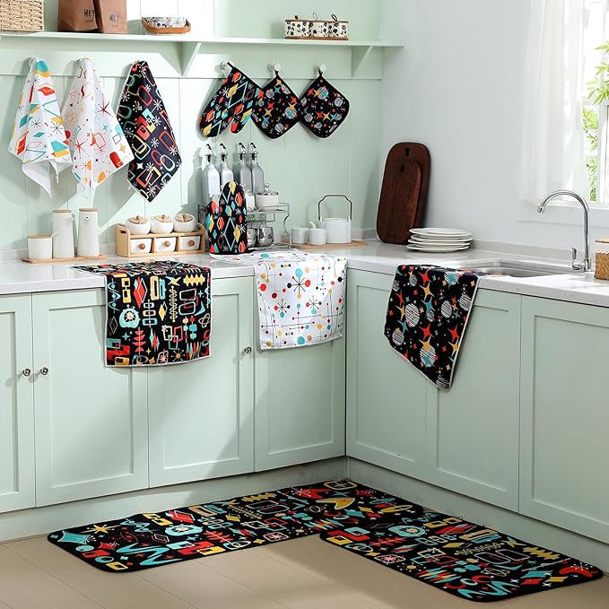 Fourluoo 12 Pcs Retro Kitchen Decor Mid Century Oven Mitts and Pot Holders Set Mid Century Kitchen Dish Towels Vintage Abstract Geometric Potholders Rugs Mats for Black White Baking Cooking BBQ Gift