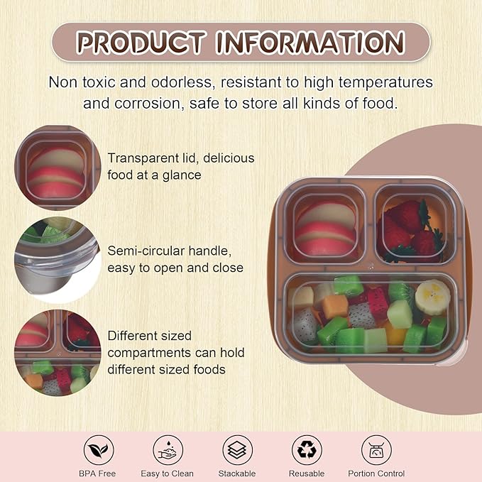 Honeydak 5 Pack Snack Containers 3 Compartment Bento Snack Boxes Divided Meal Prep Containers with Lids Reusable Adults Lunch Food Storage Box for School Work Travel(Cream Brown)