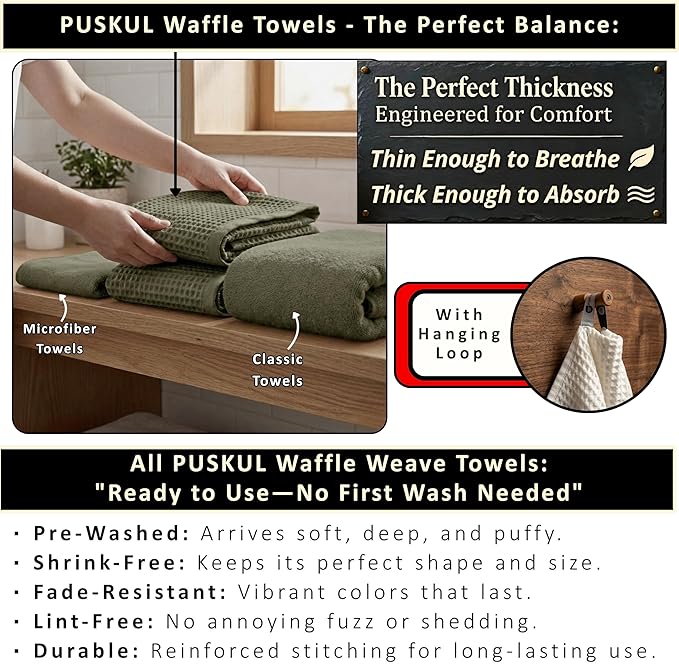 PÜSKÜL Natural 100% Turkish Cotton Waffle Bath Towels Set of 2-Piece | 32x63 inch Extra Large Absorbent Quick-Dry Lightweight Spa Towel | Honeycomb Weave Towel (Khaki Green Bath Towels - Pack of 2)