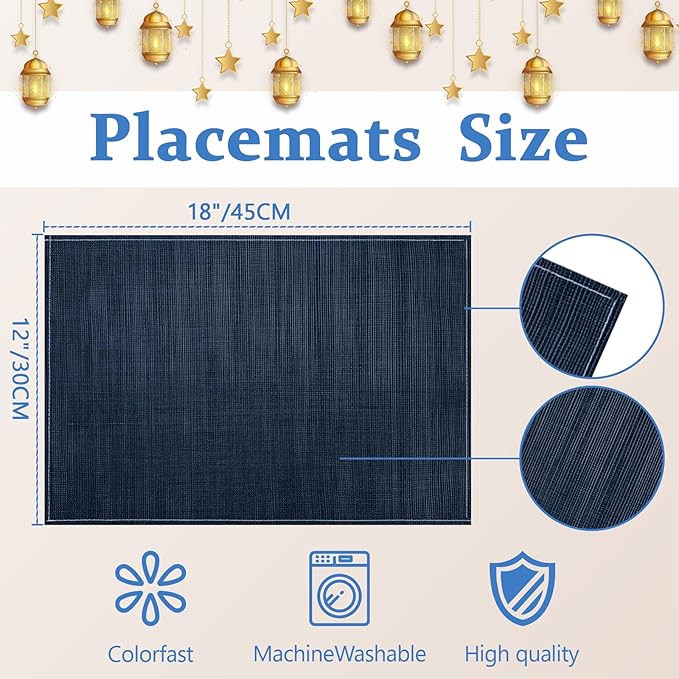 Bloss Blue Placemats Set of 4-12x18 Inch Table Mats Washable Heat-Resistant Place Mats for Dining Table, Easy to Clean Seasonal Place Mats for Holiday Party Kitchen Dining Table Decoration
