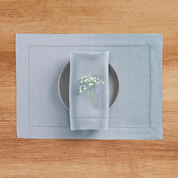 Solino Home Linen Cloth Placemats Set of 4-100% Pure Linen Hemstitch Dusty Blue Placemats 14 x 19 Inch - Classic Hemstitch Table Place Mats for Spring, Summer, Mothers Day