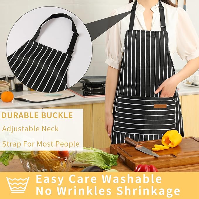 Tosewever 2 Pieces Kitchen Cooking Aprons, Cotton Polyester Blend Adjustable Bib Aprons with 2 Pockets for Women Men Chef Chef (Black/Brown Stripes, 2)