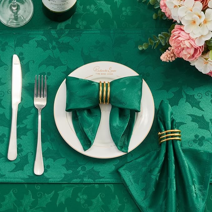 Cloth Napkins Set of 8 – Square Jacquard Floral Flowers Fabric Polyester Washable Reusable for Kitchen Dinner Dining Restaurants Wedding Party Banquet Table(Dark Green/17x17 Inch)