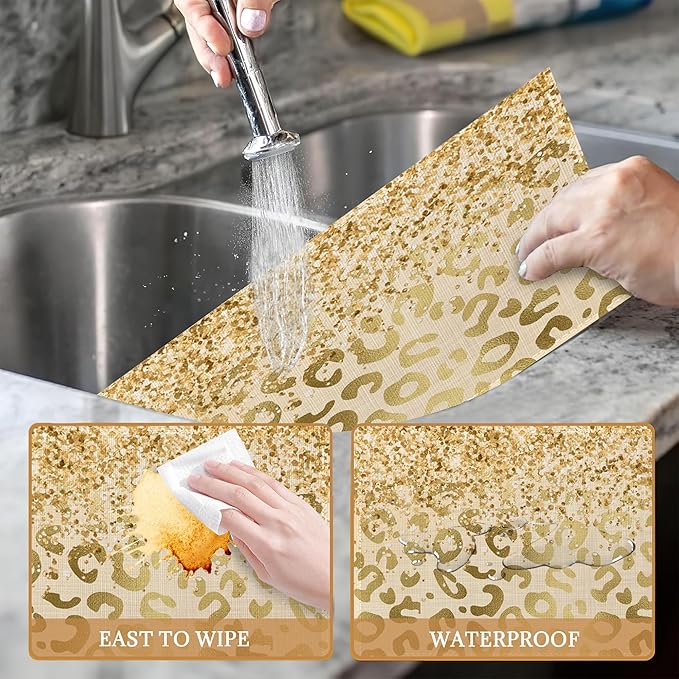 Gold Glitter Leopard Placemats Set of 6 Place Mats for Kitchen Table Washable Farmhouse Linen Table Mats Dining Decoration 12x18 Inch