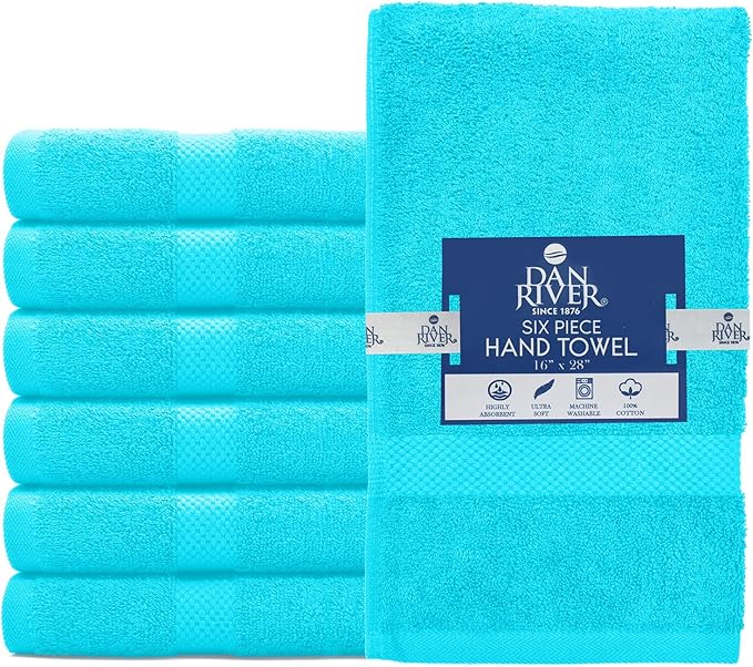 DAN RIVER 6-Pack Premium Hand Towels (16x28 Inches) - 100% Cotton, Ultra Soft, Lightweight, Highly Absorbent Towels for Bathroom, Spa, Gym, Salon, Hotel, and Travel - Turquoise