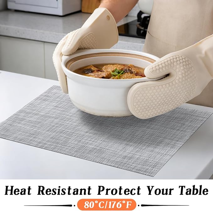 Timeet Placemats Set of 8, Heat Resistant Non-Slip Place Mats for Dining Table, Durable Washable PVC Vinyl Woven Table Mats, Linen Textured Placemats for Kitchen Resistant Easy to Clean(Gray