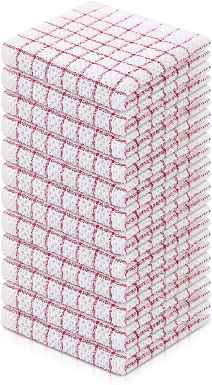Homaxy 100% Cotton Dish Cloths, 12 Pack-12 X 12 Inches, Check Design Waffle Weave Dish Rags for Washing Dishes, Ultra Absorbent and Fast Drying Dishcloths, Red
