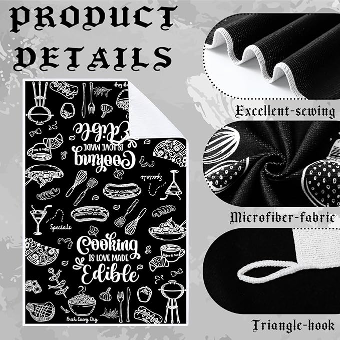 Bencailor 6 Pcs Kitchen Towels Decorative Sets Dish Towels Absorbent Fast Drying Hand Tea Vintage Hanging Reusable Cleaning Dishcloths for Cooking Farmhouse Bathroom Accessory(White Black,Cooking)