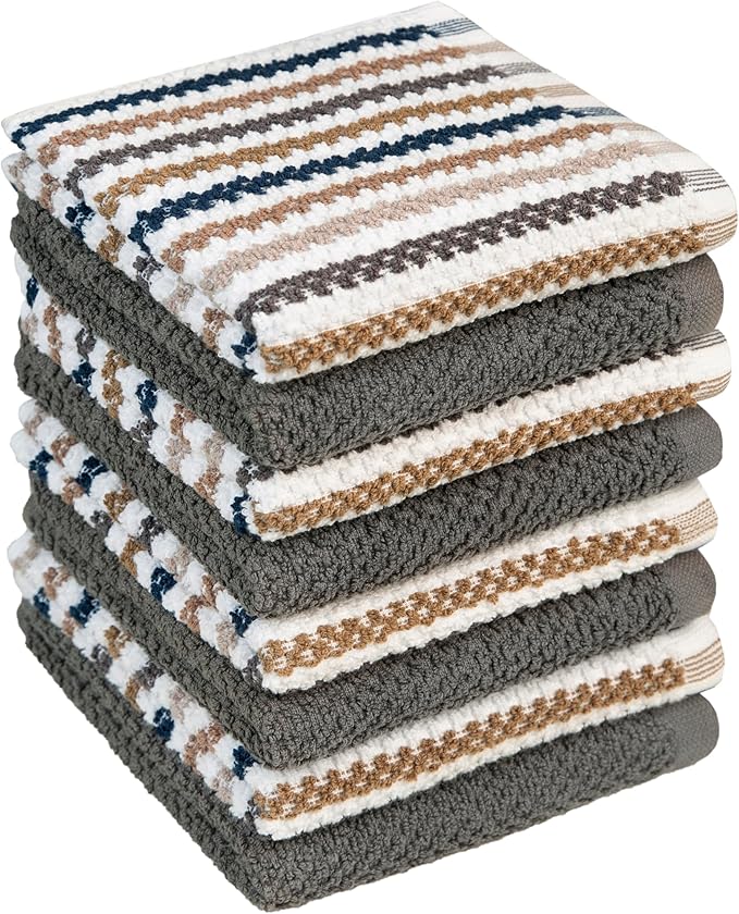 Bumble Premium Dish Cloths Towel 12"x12" | 100% Natural Ring Spun Cotton Tea Towel Set | 430 GSM | Highly Absorbent & Soft Dish Towels | 8 Pack - 4 Popcorn Wide Striped & 4 Solid Kitchen Towels - Gray