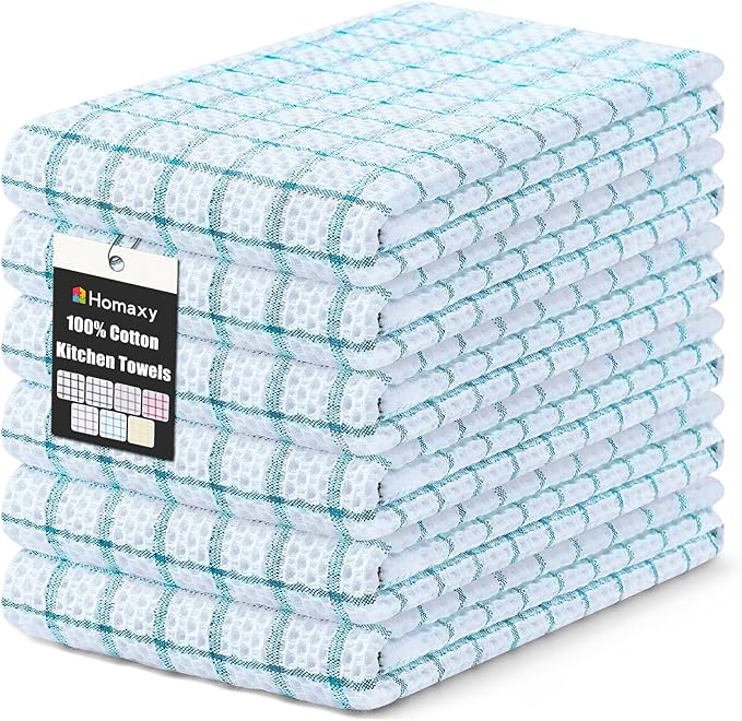Homaxy 100% Cotton Kitchen Towels 6 Pack-15 X 25 Inches, Check Design Waffle Weave Hand Tea Towels, Super Soft and Absorbent Dish Towel for Drying Dishes, Teal