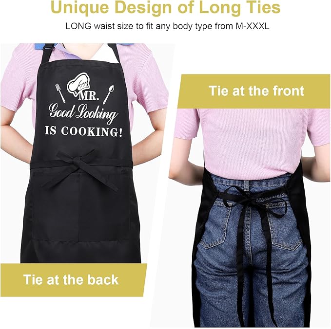 Funny Aprons for Men, MR GOOD LOOKING IS COOKING, Professional Kitchen Cooking Apron Chef Husband Bib Aprons With Double Pocket Adjustable for Father's Day Birthday Gift