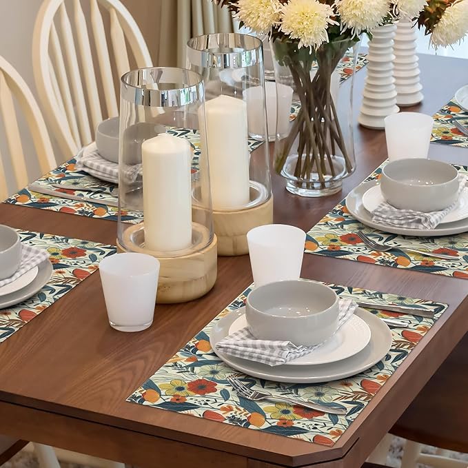 comfoyar Boho Colorful Flower Placemats Set of 4, 12x18 Inch Non-Slip Linen Watercolour Floral Place Mats, Washable Absorbent Rectangular Vintage Table Mats for Kitchen Dining Party Table Decoration