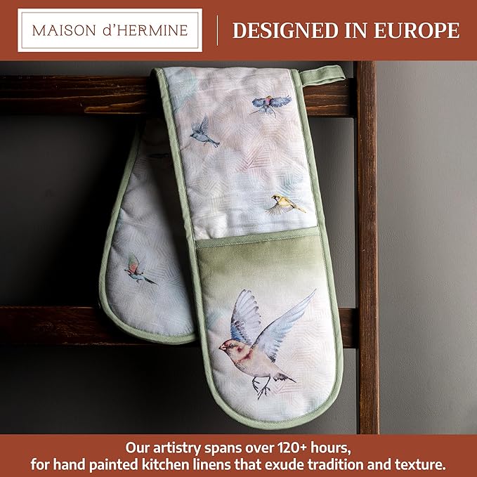 Maison d' Hermine Double Oven Mitts 100% Cotton 7"x35" Double Oven Mitt Heat Resistant BBQ Cooking Gloves with Loop Baking Grilling Gifts for Mothers Day Spring Summer (Flying Birds)