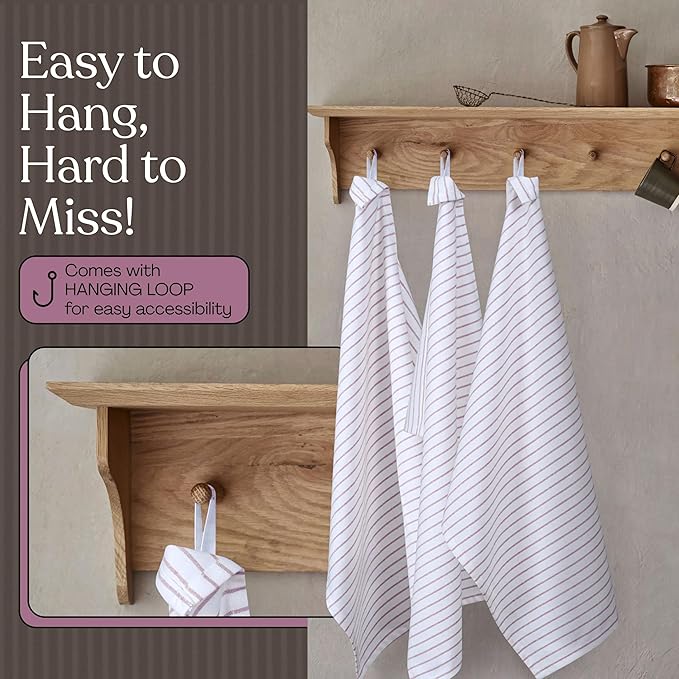 Burgundy Striped Kitchen Dish Towels (12-Pack), Quick Dry, Ultra Absorbent & Durable, 100% Cotton Classic Stripe Towels for Drying Dishes, Wiping, and Daily Kitchen Cleanup