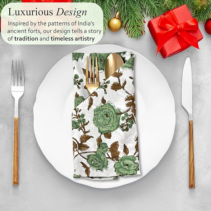 CPC Cloth Napkins Set of 4 Cotton Printed Dinner Hand Print Napkins I Wedding Cocktail Cloth Floral Napkins I 18x18 in I Moss Green