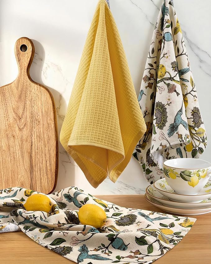 Miss Adola 3pcs Cotton Kitchen Towels - 270 GSM 15x25 Inch Terry Cloths Reusable Dish Cloths for Cleaning Absorbent Soft Hand Tea Towels with Hanging Loop for Housewarming Home Decor, Lemon Bird