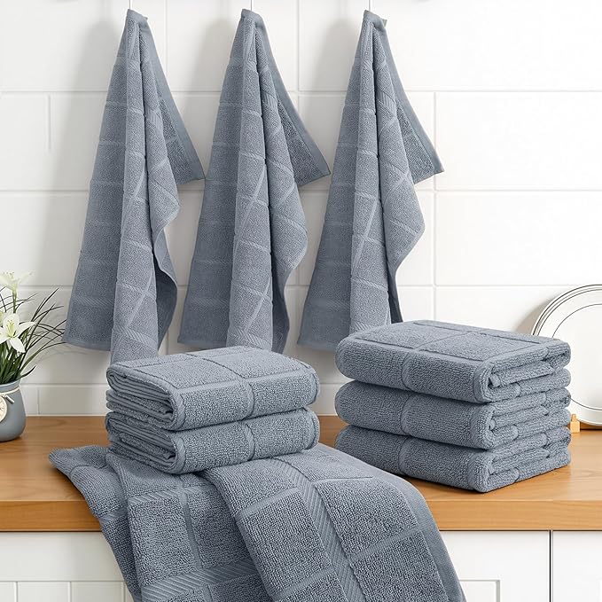 Homaxy Premium Kitchen Towels 18"x28", 8 Pack Large Cotton 380 GSM Dish Towels, Soft and Absorbent Kitchen Hand Towels with Terry Grid Design, Utility Tea Towel Set with Hanging Loop, Grey