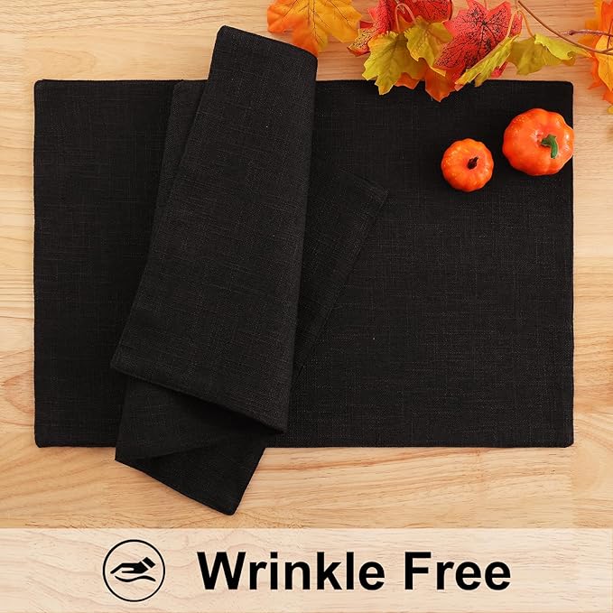 homing Cotton Linen Placemats Set of 4, Cloth Washable Farmhouse Dining Table Mats for Indoors & Outdoors, Easy to Clean, Black, 13 x 19 Inch