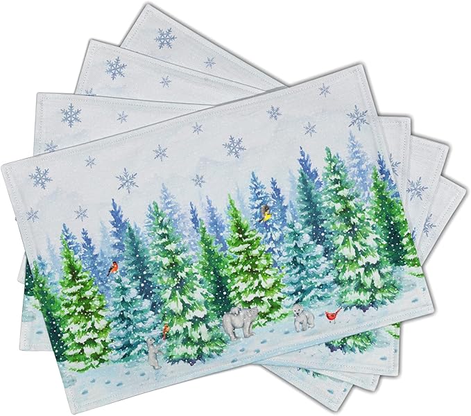 Watercolor Christmas Bears Place Mats - Winter Birds Placemats Set of 4 Snowflake Trees Art Table Mat for Indoor Outdoor Dining Decorations 12 x 18 Inch