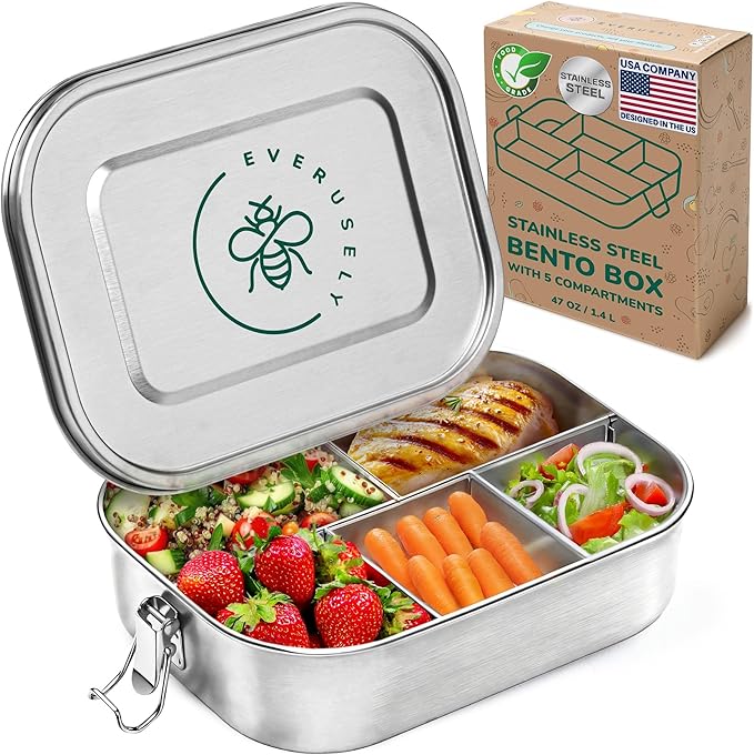 Everusely - Bento Box - Stainless Steel Lunch Box for Adults - 47 oz, 1.4 L - 5 Compartment Snack Container with Removable Silicone Seal + Secure Lock Clips - Non Plastic, Leakproof, Dishwasher Safe