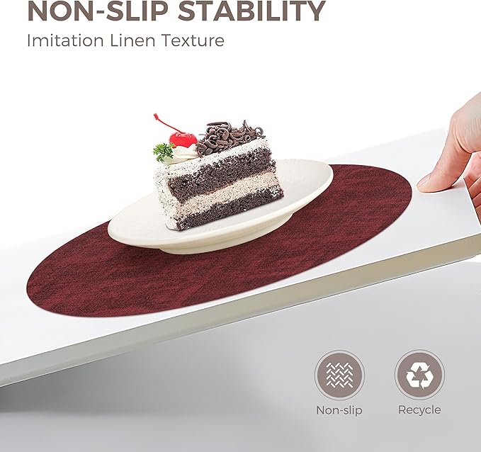 13" Round Placemats Set of 12, Reversible Faux Leather Heat Resistant Table Mats, 100% Waterproof Oilproof Wipeable Table Protective Placemats for Vinyl, Washable for Indoor (12, Burgundy)