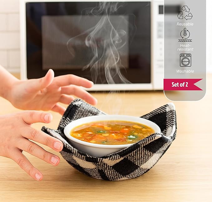 Set of 2 Microwave Bowl Cloth Hot Pads with Black and White in A Cage - Pot Holder or Microwavable Bowl Cozies - Protector for Heat Soup or Food Meals - Multipurpose Heat Resistant Plate Holders