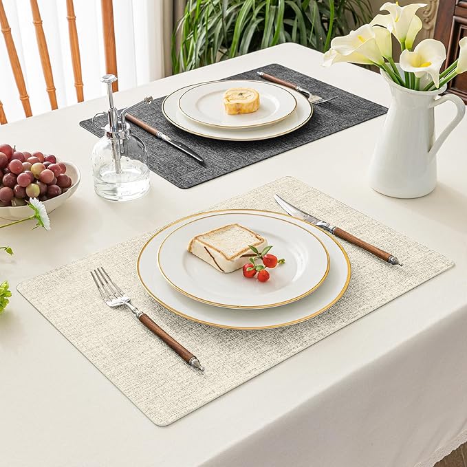 Romanstile Vinyl Placemats Set of 4-12x17 Inch, Reversible Waterproof Washable Non Slip Table Mats, Faux Leather Heat Resistant Wipeable Table Placemats for Dining/Party/Indoor/Outdoor, Grey-Beige
