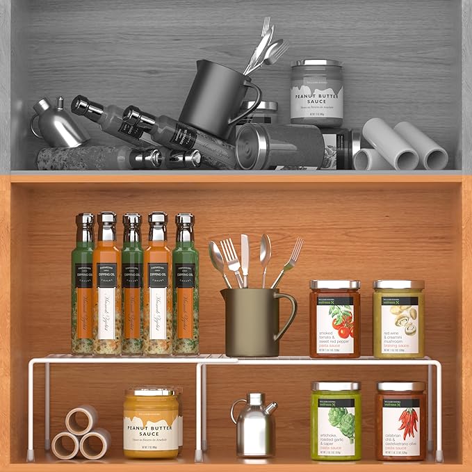 Redrubbit Cabinet Storage Shelf Rack, Expandable Metal Rustproof Kitchen Counter and Cabinet Shelf, Storage Rack Organizer Space Saver for Kitchen, Fridge, Cabinet, Bathroom, White, Set of 4