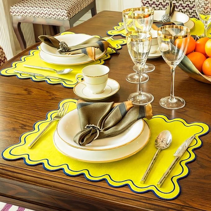 Whaline Yellow Blue Linen Placemats Embroidered Scalloped Kitchen Place Mats for Summer Birthday Party Home Dining Table Decor, Set of 6, 13 x 19 in