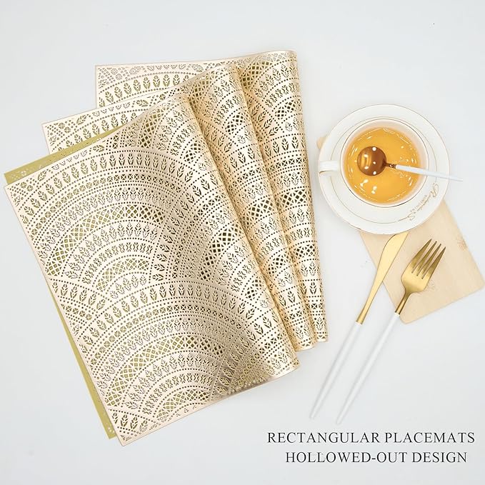 Gold Rectangle Placemats Set of 6, Vinyl Place Mats Hollow-Out Curved Pattern Waterproof Oil-Proof Wipeable Table Mats for Kitchen and Dining Centerpiece Table Decorations