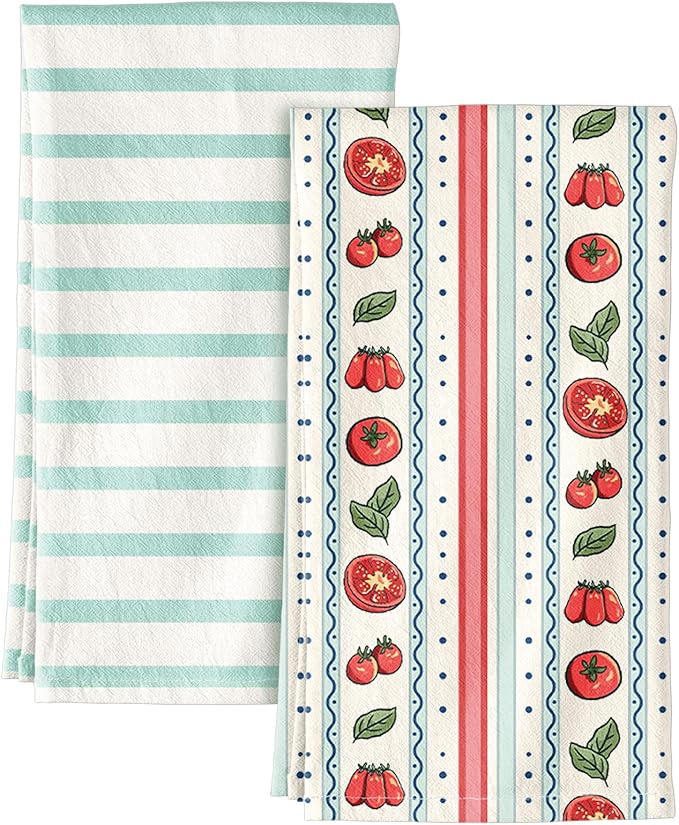 Miss Adola 2 Pack Flour Sack Kitchen Towels - 16x26 Inch Cotton Dish Towels with Hanging Loop Reusable Geometric Boho Modern Retro Tea Towel Absorbent Dishcloths Home Decor, Stripe Fruit