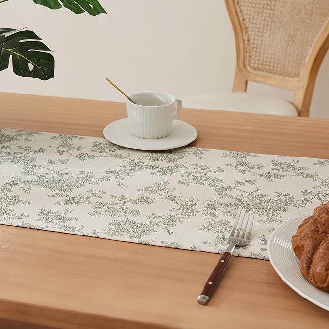 100% Cotton French Pastoral Table Runners, 13x108 Inch Green Farmhouse Table Runners 108 Inches Long, Vintage Flowers Print Home Decors