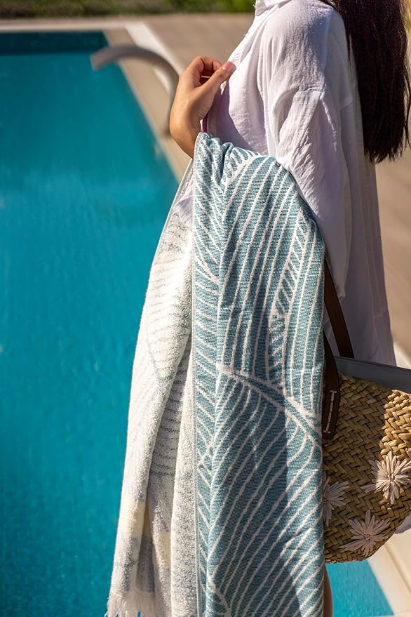SOFE H&L | LINVIA Foutah Quick Dry Beach Towel Pack of 1 (35” x 70”) Leaves - Mint | Lightweight, Premium, Fade Resistant, Durable | Travel Towel, Turkish Beach Towel with Shoulder Strap