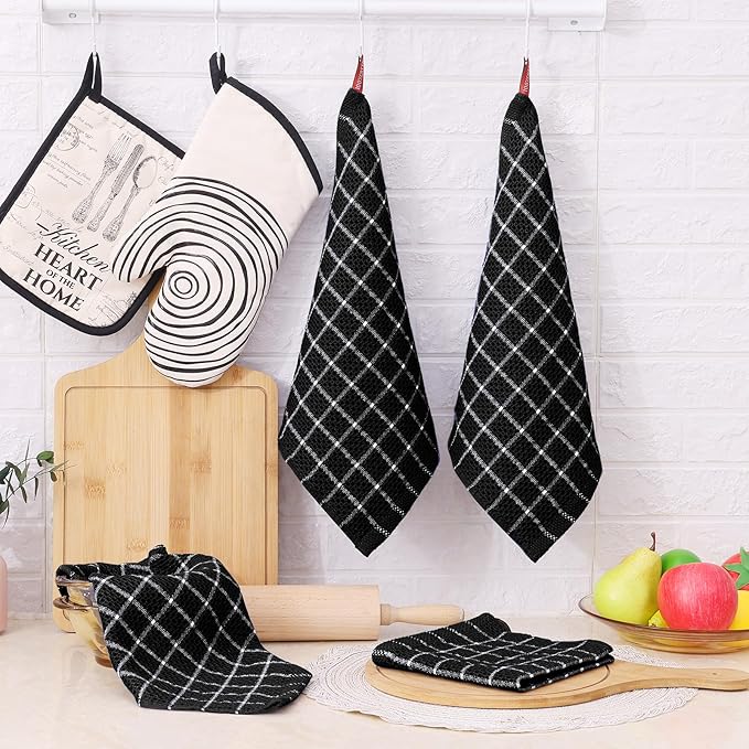 Homaxy 100% Cotton Dish Cloths, 8 Pack-12 X 12 Inches, Check Design Waffle Weave Dish Rags for Washing Dishes, Ultra Absorbent and Fast Drying Dishcloths, Black&White